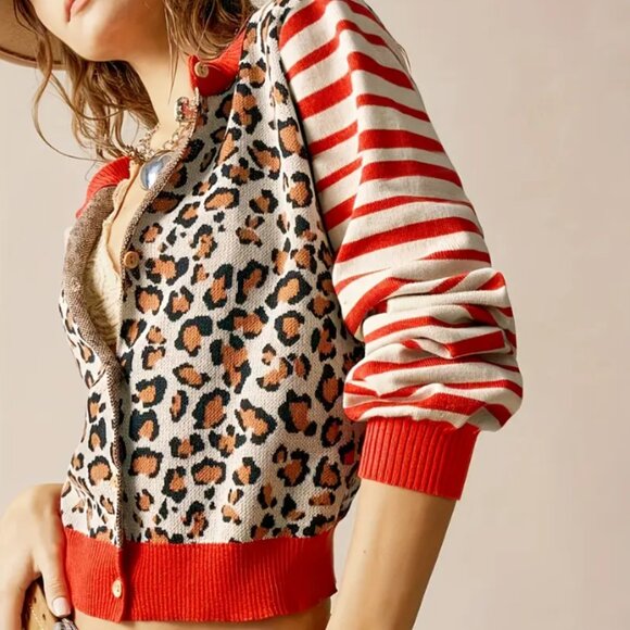 Sweaters - Stylish Leopard and Striped Women's Cardigan
